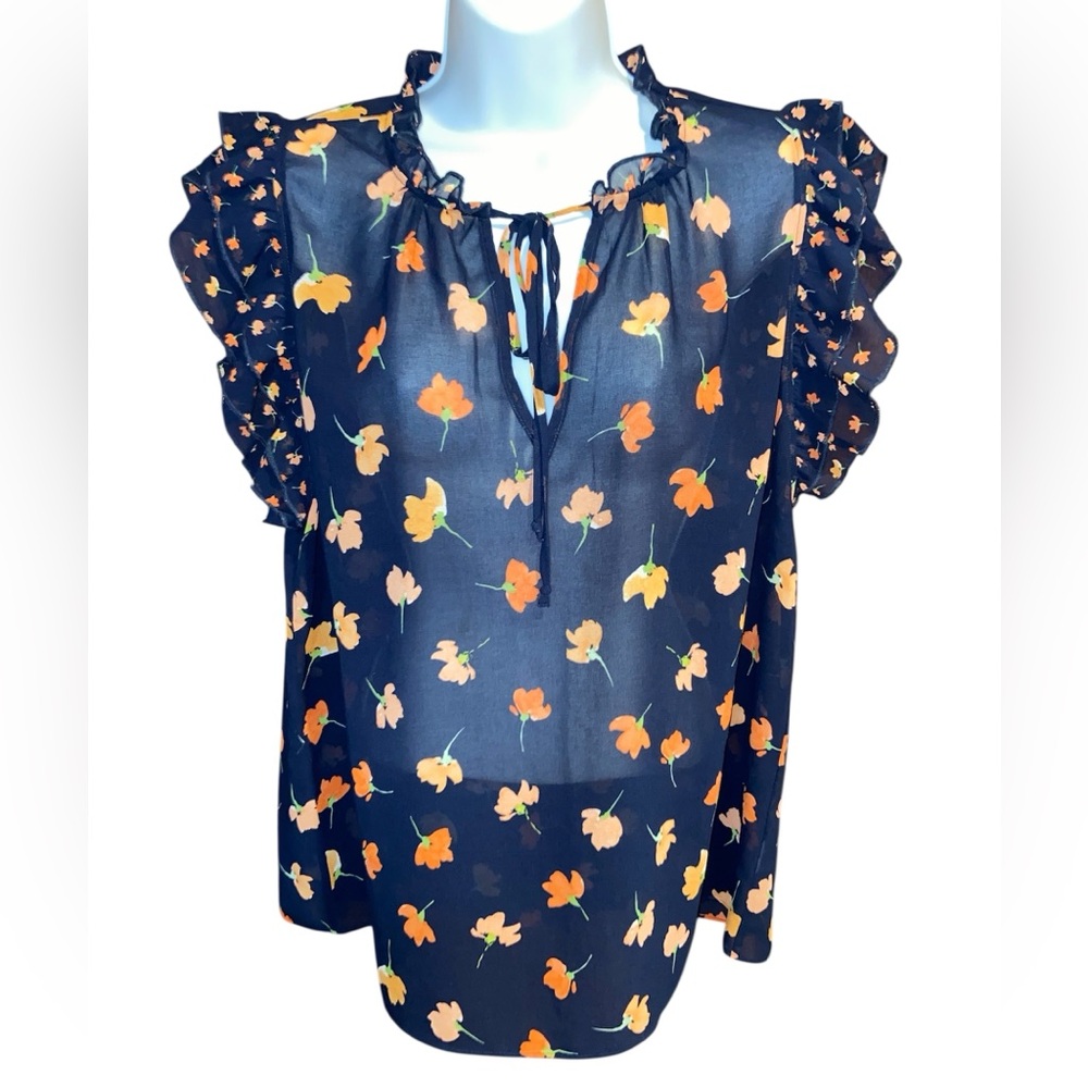 CAbi #5522 Blouse Navy Blue Floral Poppy Flutter Sleeve Sheer Ruffle Top size S